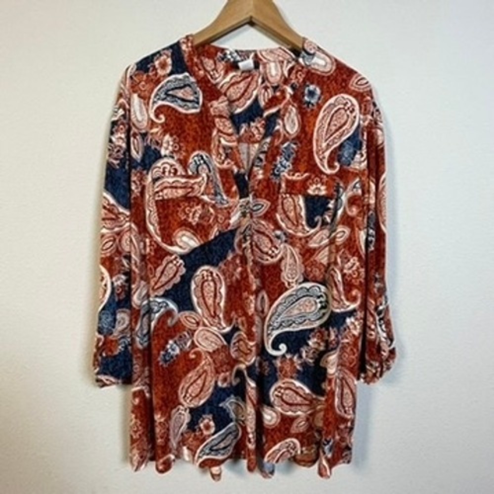 Cocomo Woman Boho Office Blouse 3X Orange Paisley Roll Tab Sleeve Tunic Top